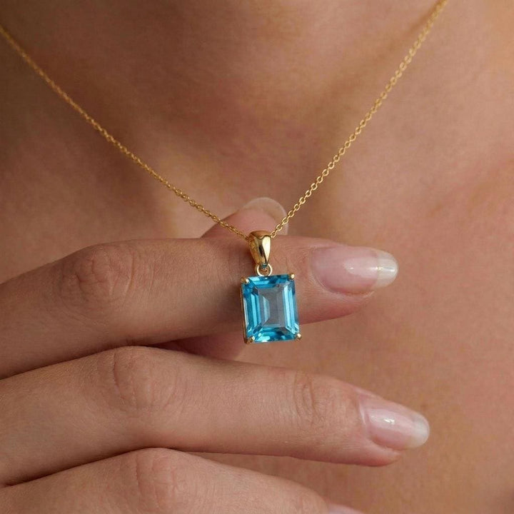 Blue Topaz Emerald Cut Pendant Necklace | 14K Gold Dainty Jewelry | December Birthstone Gift for Her