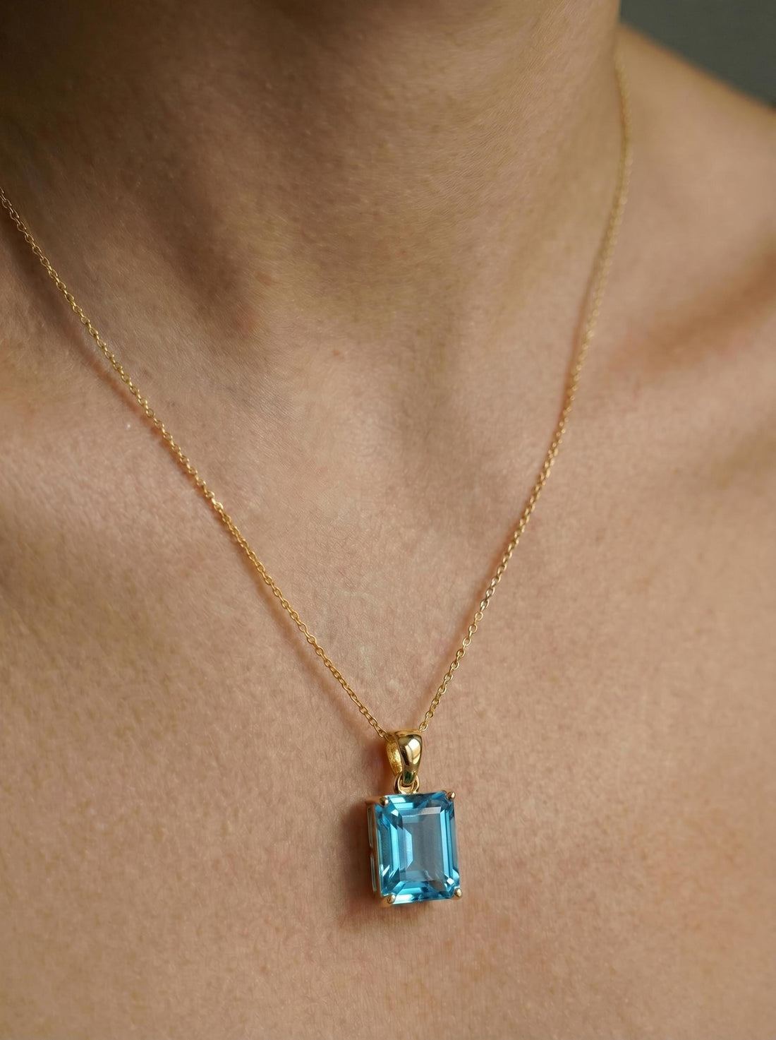 Blue Topaz Emerald Cut Pendant Necklace | 14K Gold Dainty Jewelry | December Birthstone Gift for Her