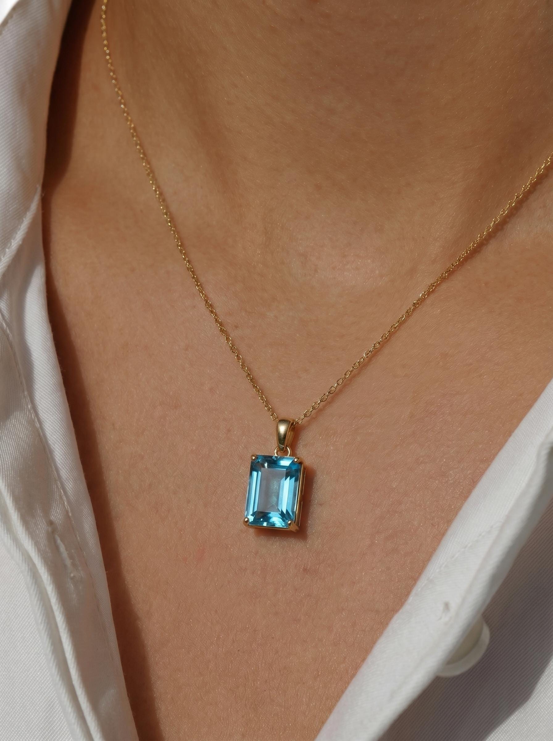 Blue Topaz Emerald Cut Pendant Necklace | 14K Gold Dainty Jewelry | December Birthstone Gift for Her