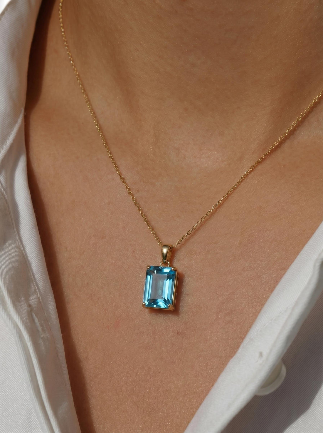 Blue Topaz Emerald Cut Pendant Necklace | 14K Gold Dainty Jewelry | December Birthstone Gift for Her