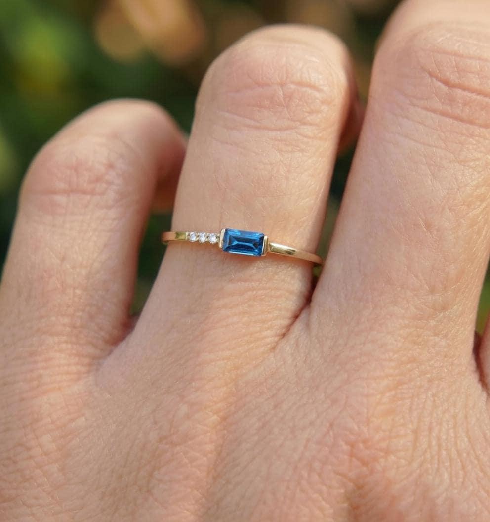 Baguette Blue Zircon Ring | Dainty Minimalist December Birthstone Ring | Personalized Gift for Mom