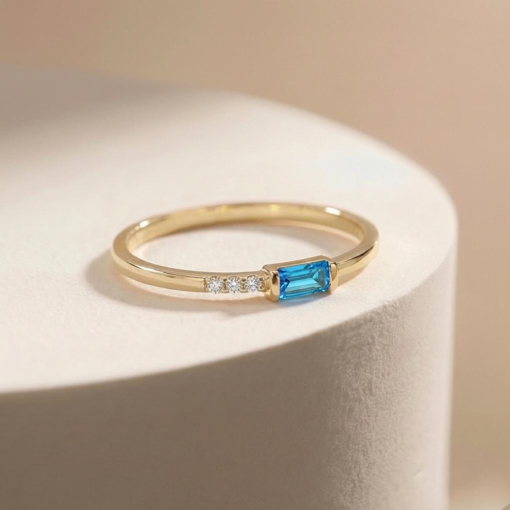 Baguette Blue Zircon Ring | Dainty Minimalist December Birthstone Ring | Personalized Gift for Mom