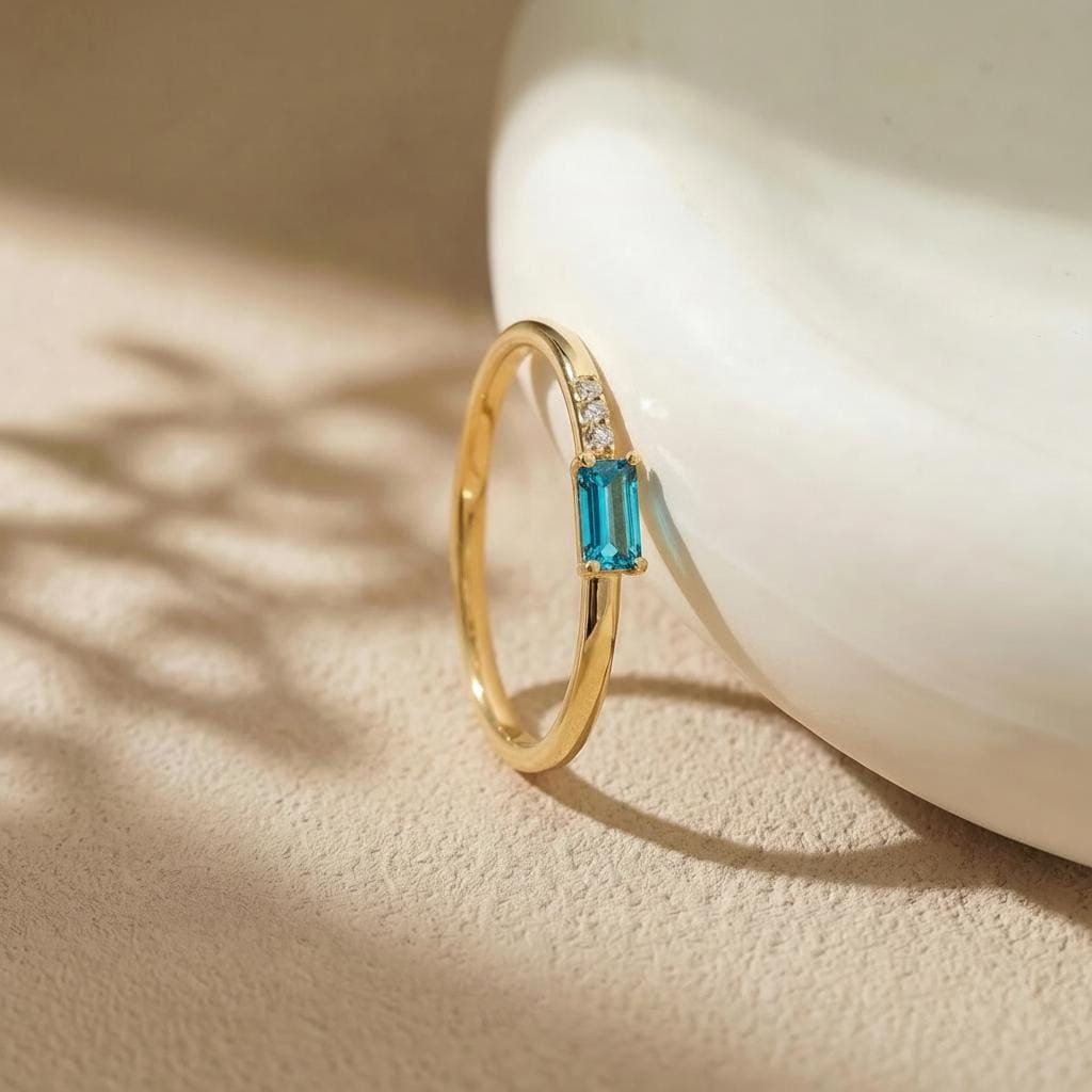 Baguette Blue Zircon Ring | Dainty Minimalist December Birthstone Ring | Personalized Gift for Mom