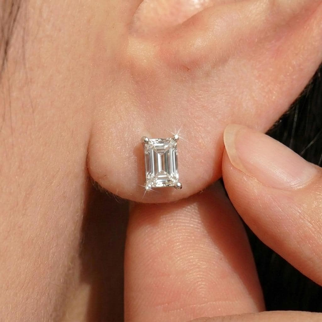Emerald Cut Stud Earrings, Dainty Solitaire Diamond Simulant, Minimalist Sterling Silver Everyday Bridal Earrings, Gift for Her