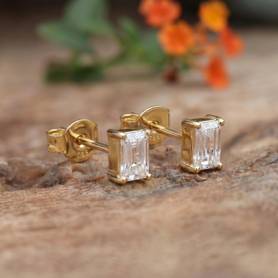 Emerald Cut Stud Earrings, Dainty Solitaire Diamond Simulant, Minimalist Sterling Silver Everyday Bridal Earrings, Gift for Her