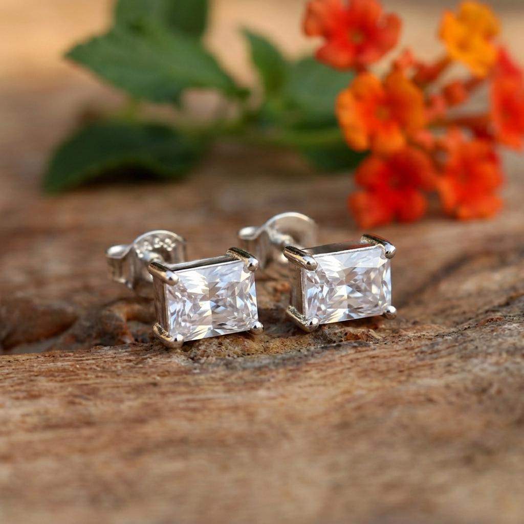 Emerald Cut Stud Earrings, Dainty Solitaire Diamond Simulant, Minimalist Sterling Silver Everyday Bridal Earrings, Gift for Her