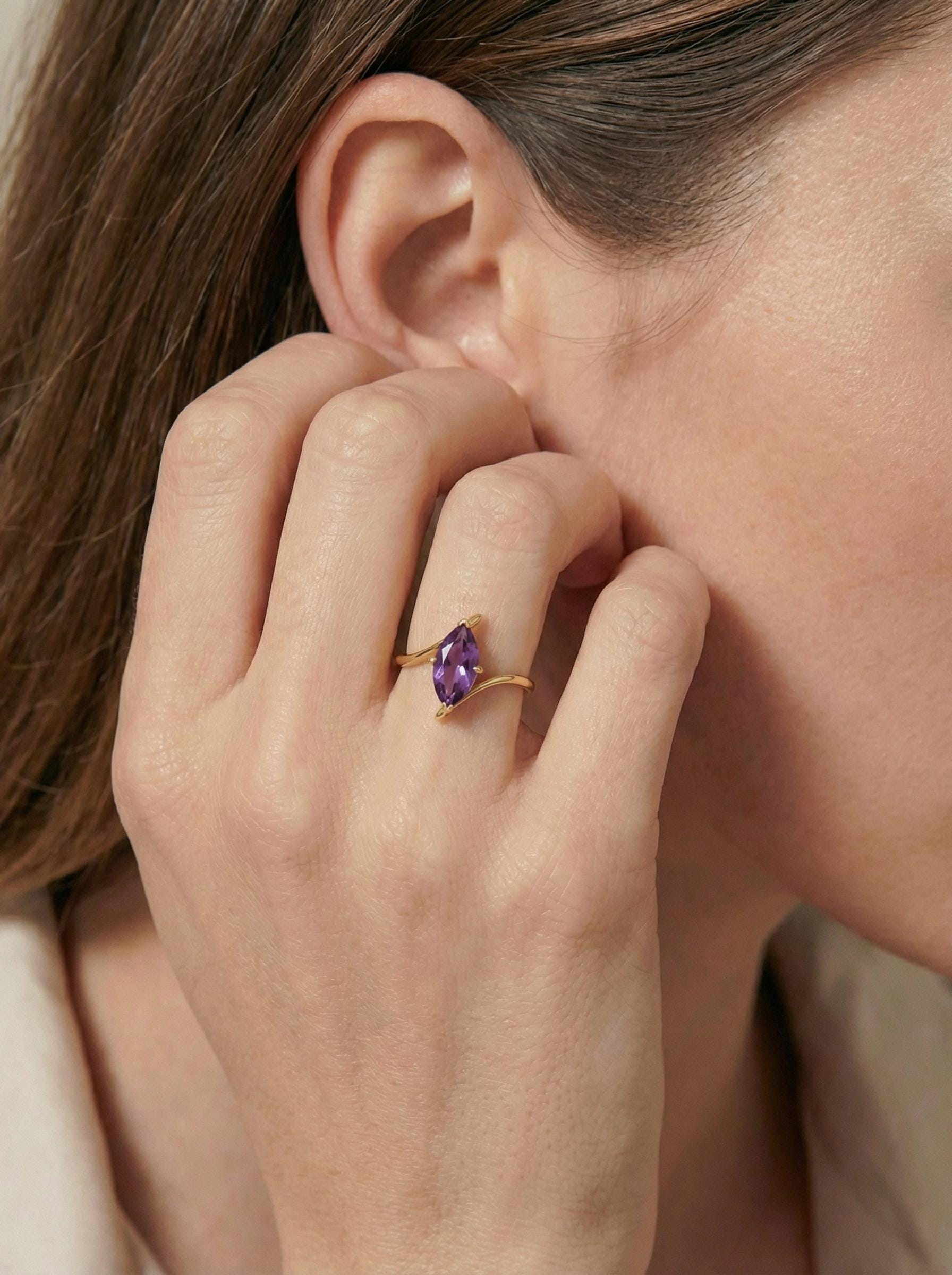 Marquise Amethyst Solitaire Ring 1.5ct | Curved Bypass 14K Gold Ring | February Birthstone Nature-Inspired Jewelry