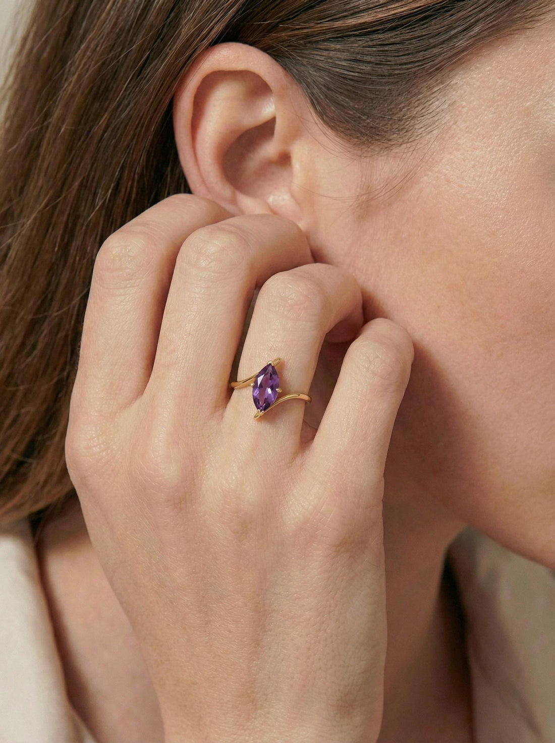 Marquise Amethyst Solitaire Ring 1.5ct | Curved Bypass 14K Gold Ring | February Birthstone Nature-Inspired Jewelry