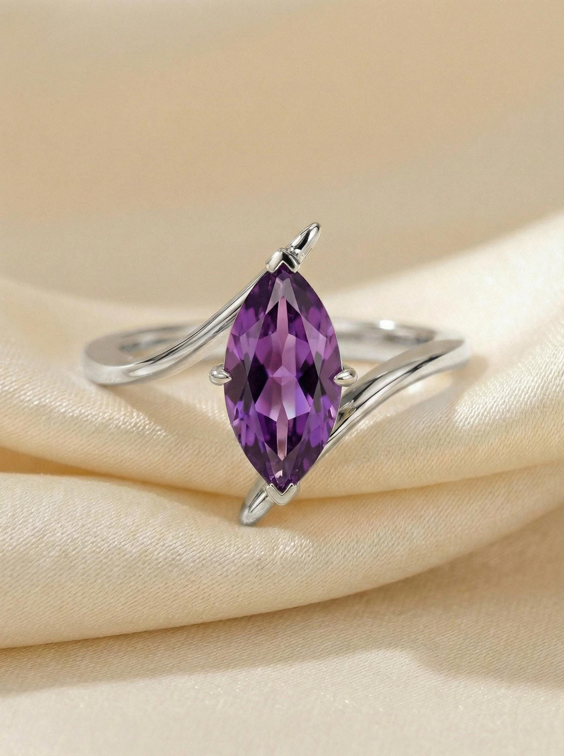 Marquise Amethyst Solitaire Ring 1.5ct | Curved Bypass 14K Gold Ring | February Birthstone Nature-Inspired Jewelry