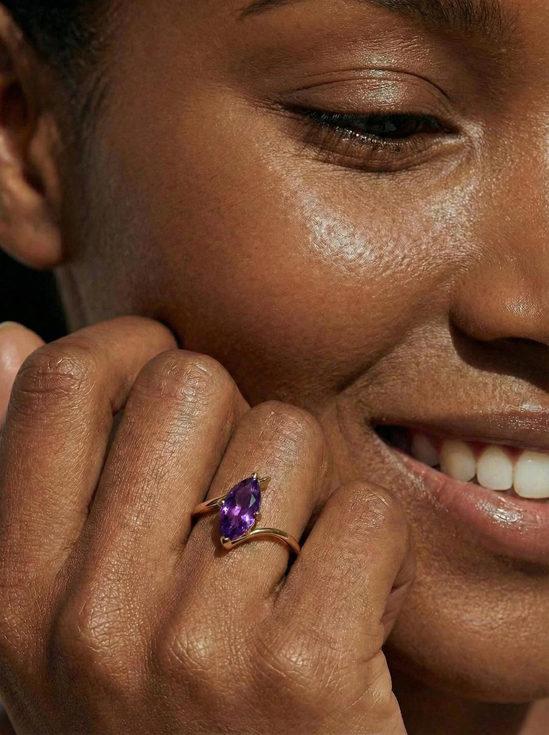 Marquise Amethyst Solitaire Ring 1.5ct | Curved Bypass 14K Gold Ring | February Birthstone Nature-Inspired Jewelry