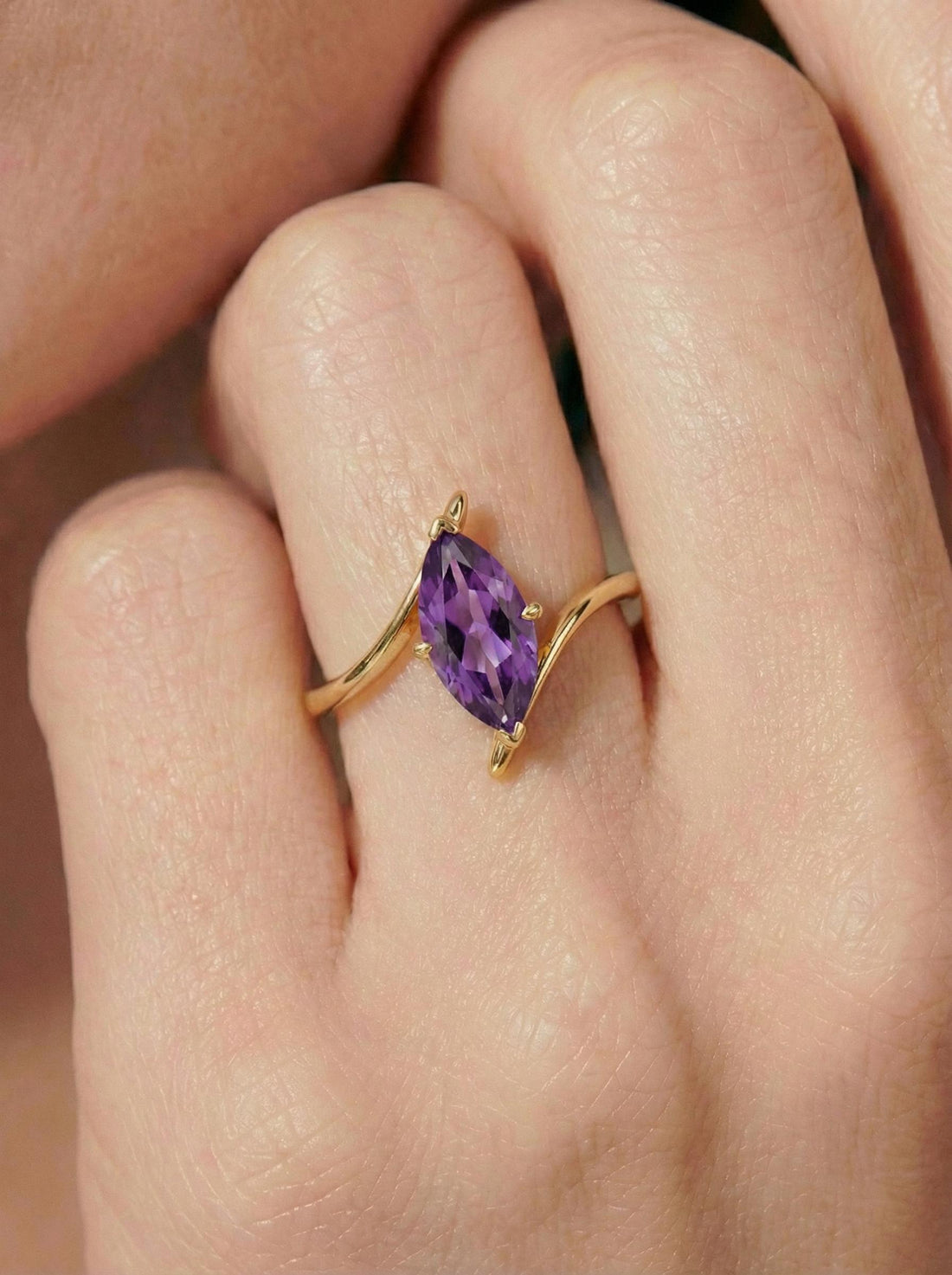 Marquise Amethyst Solitaire Ring 1.5ct | Curved Bypass 14K Gold Ring | February Birthstone Nature-Inspired Jewelry