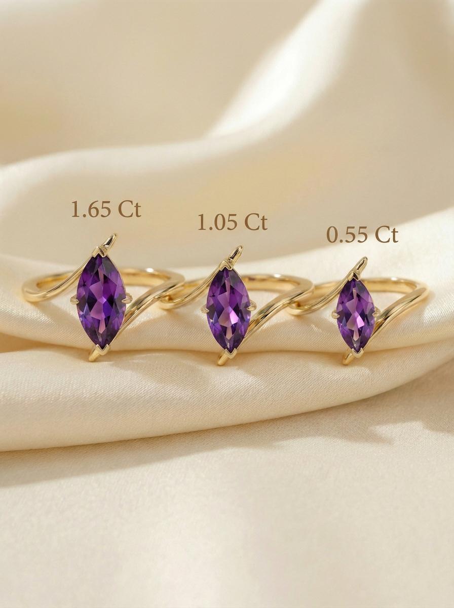Marquise Amethyst Solitaire Ring 1.5ct | Curved Bypass 14K Gold Ring | February Birthstone Nature-Inspired Jewelry