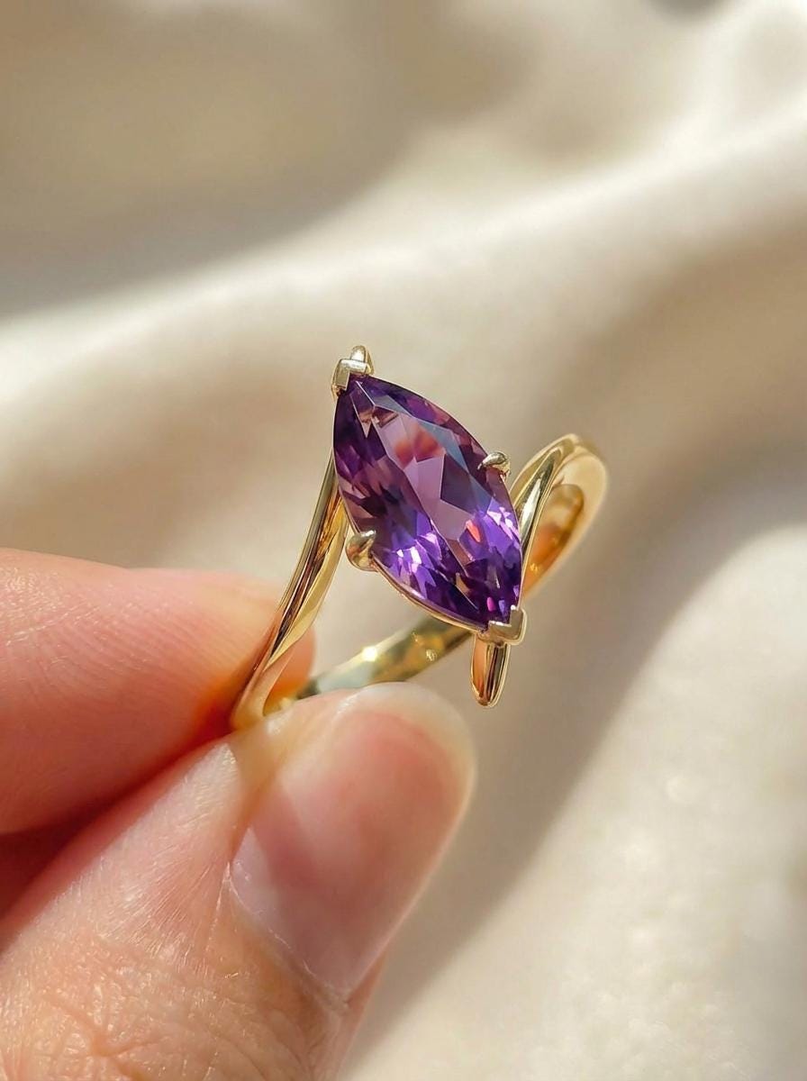 Marquise Amethyst Solitaire Ring 1.5ct | Curved Bypass 14K Gold Ring | February Birthstone Nature-Inspired Jewelry