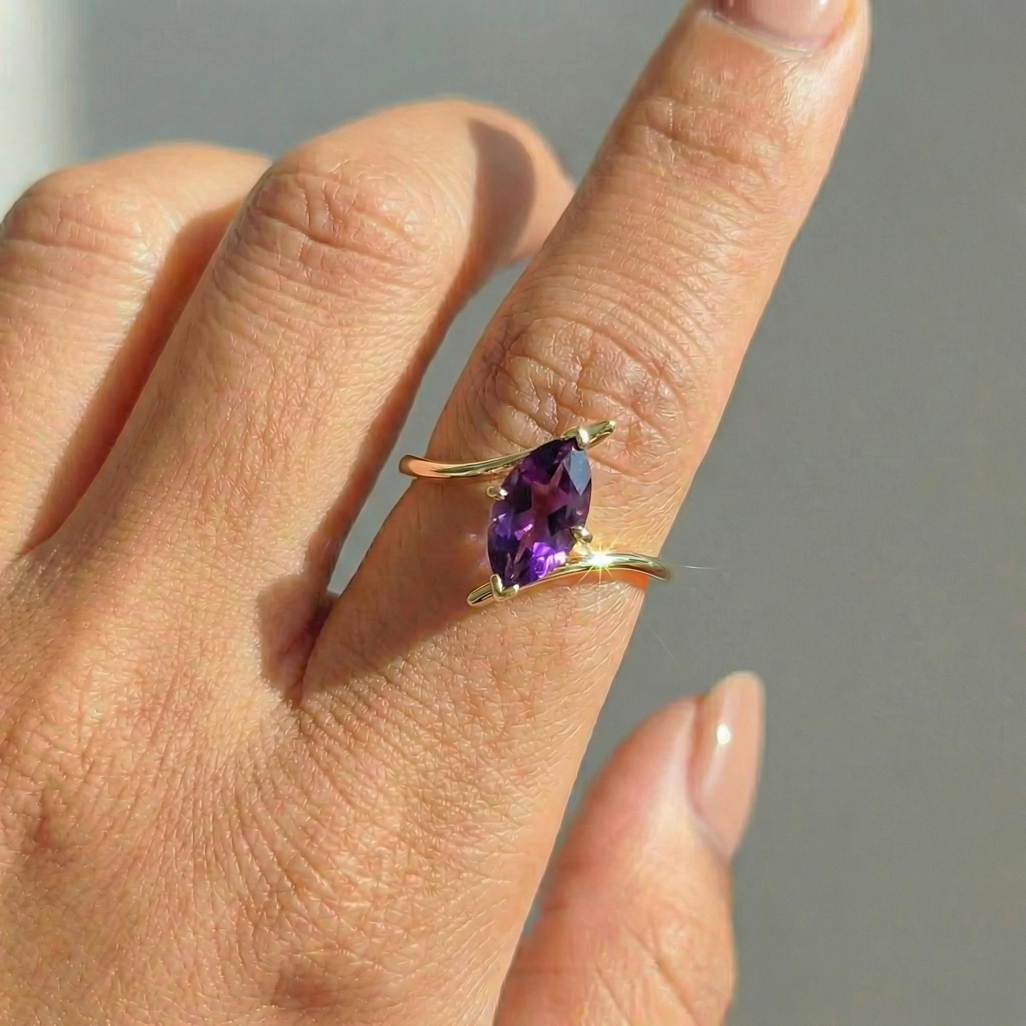 Marquise Amethyst Solitaire Ring 1.5ct | Curved Bypass 14K Gold Ring | February Birthstone Nature-Inspired Jewelry