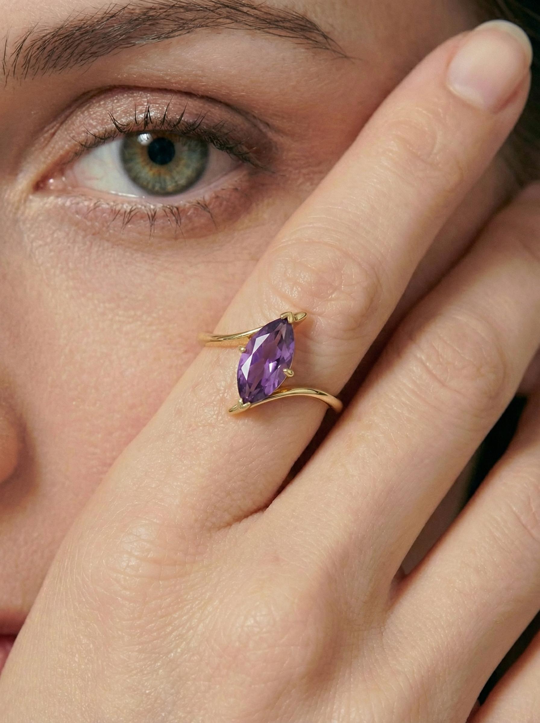 Marquise Amethyst Solitaire Ring 1.5ct | Curved Bypass 14K Gold Ring | February Birthstone Nature-Inspired Jewelry