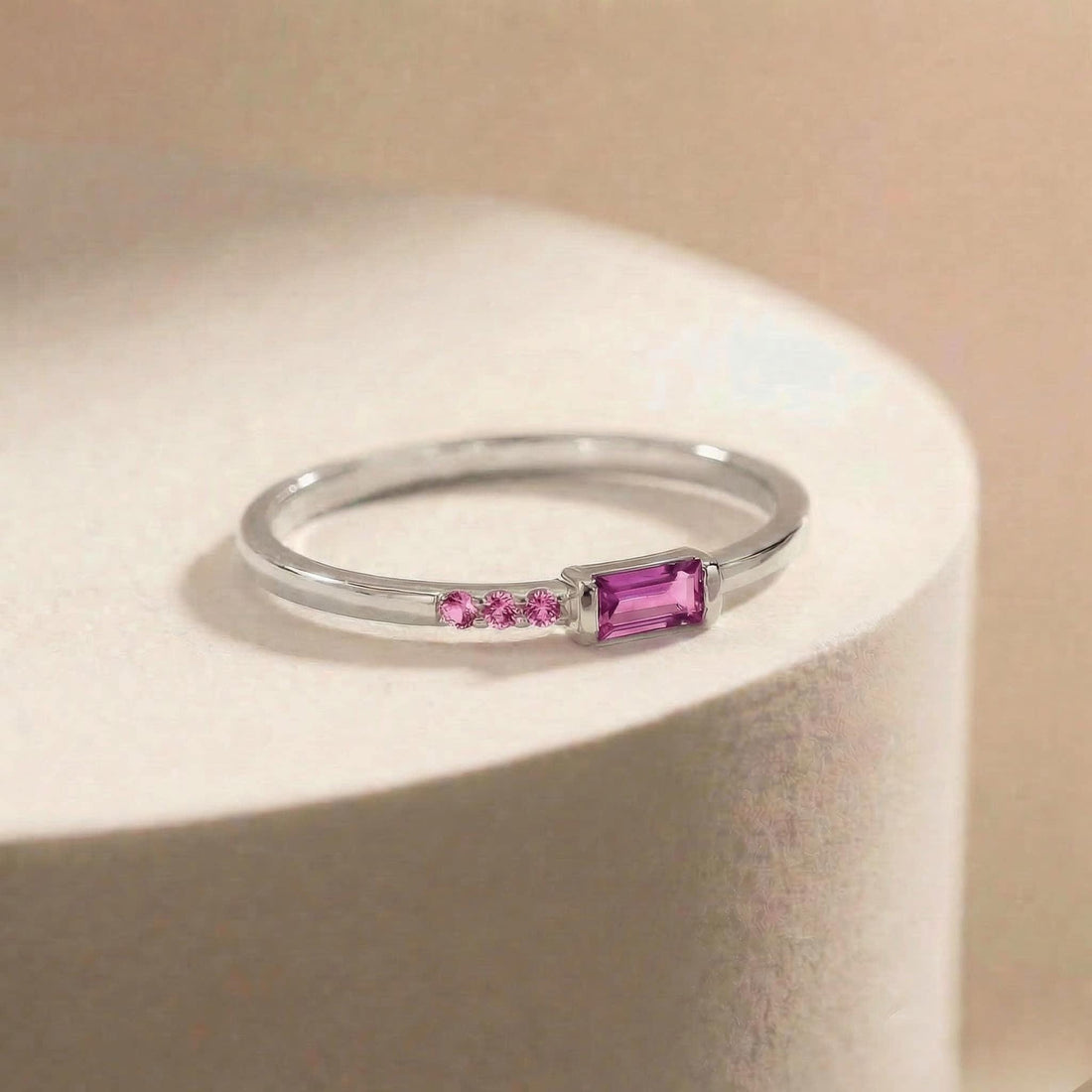 Minimalist Pink Tourmaline Ring | Baguette Cut Stackable Band | October Birthstone Dainty Jewelry Gift