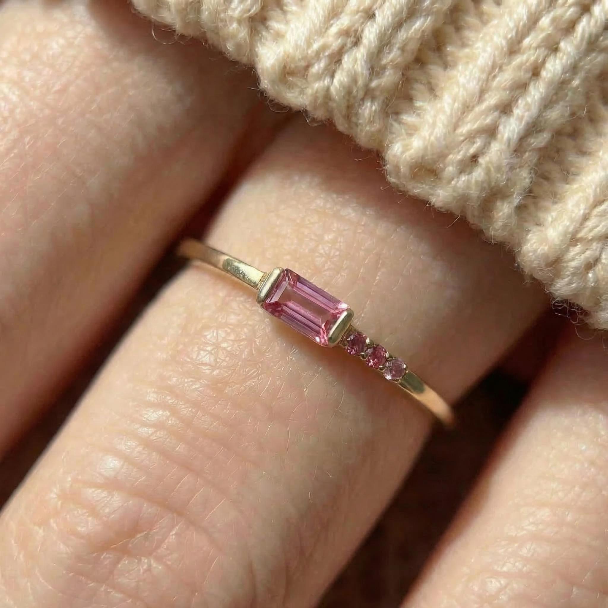 Minimalist Pink Tourmaline Ring | Baguette Cut Stackable Band | October Birthstone Dainty Jewelry Gift