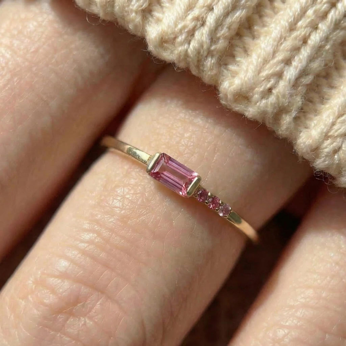 Minimalist Pink Tourmaline Ring | Baguette Cut Stackable Band | October Birthstone Dainty Jewelry Gift