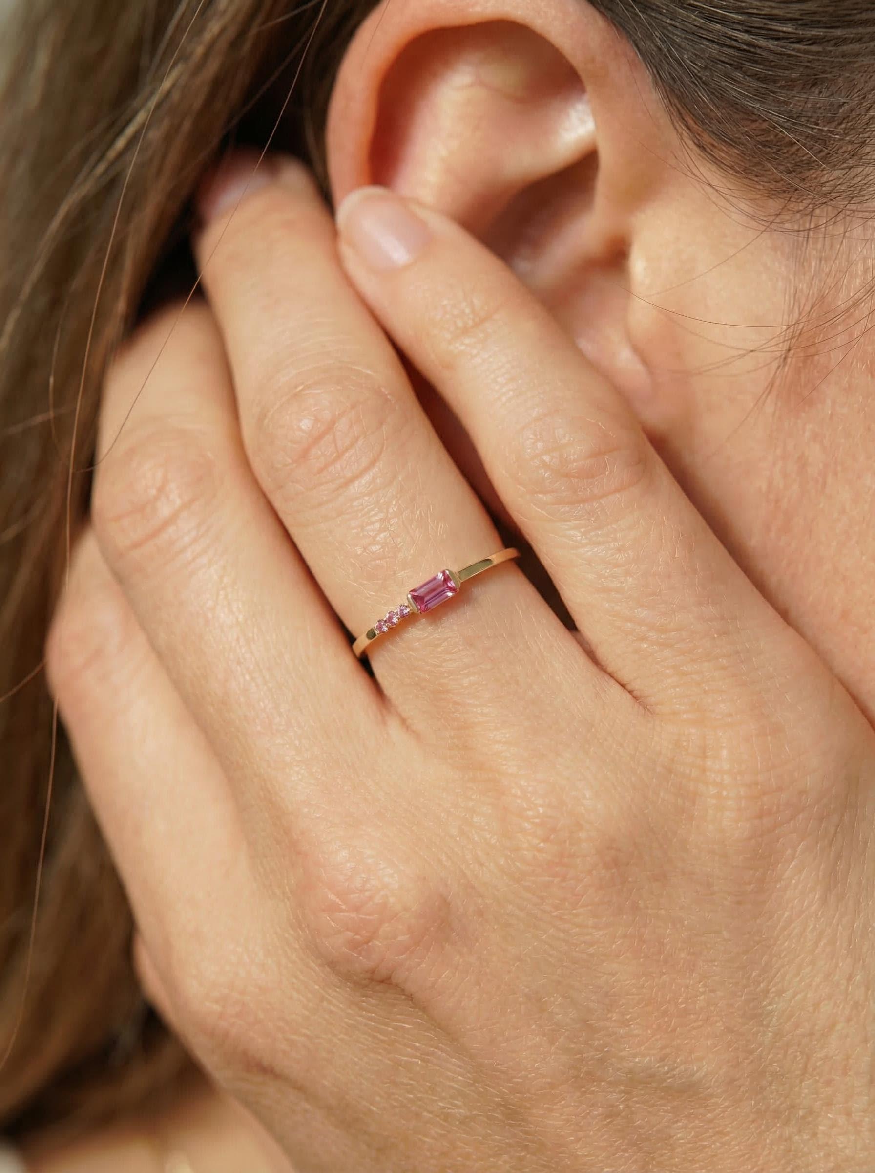 Minimalist Pink Tourmaline Ring | Baguette Cut Stackable Band | October Birthstone Dainty Jewelry Gift