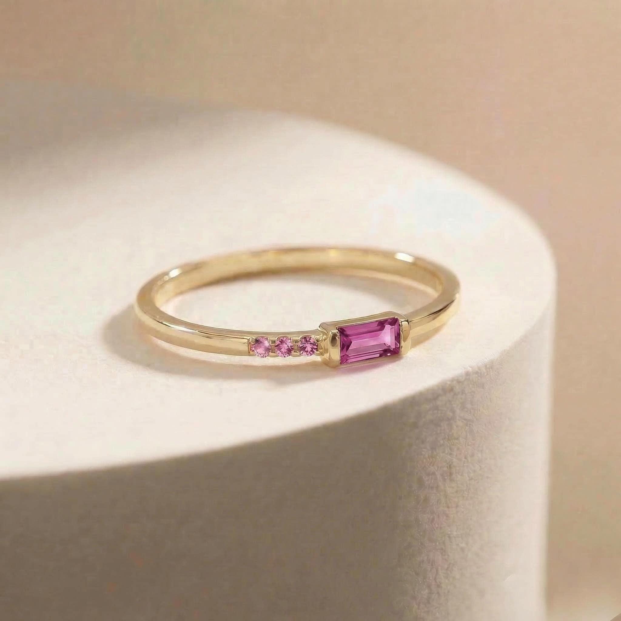 Minimalist Pink Tourmaline Ring | Baguette Cut Stackable Band | October Birthstone Dainty Jewelry Gift