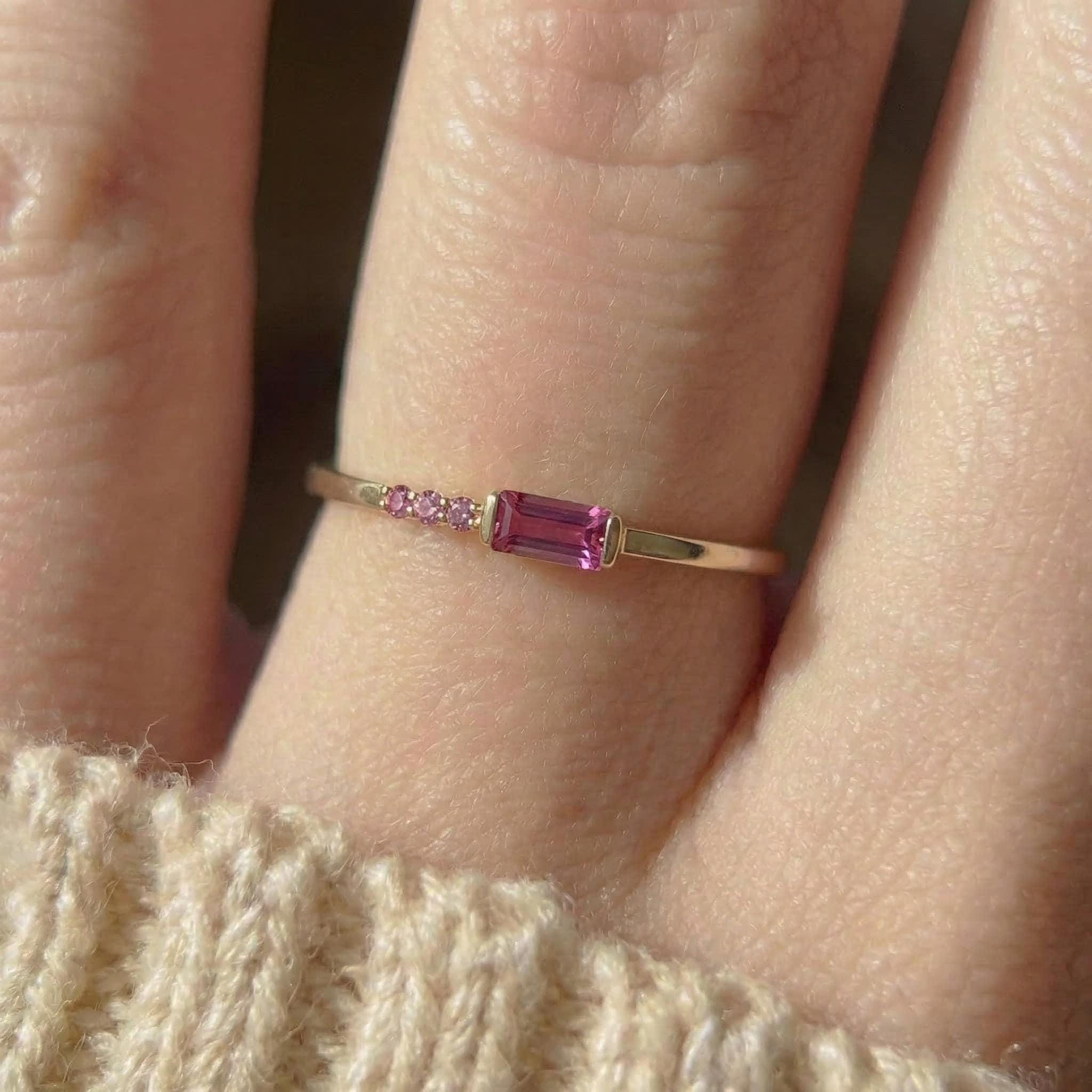 Minimalist Pink Tourmaline Ring | Baguette Cut Stackable Band | October Birthstone Dainty Jewelry Gift