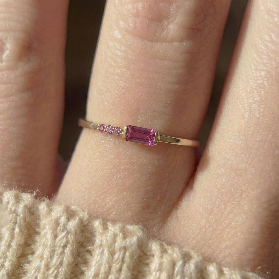 Minimalist Pink Tourmaline Ring | Baguette Cut Stackable Band | October Birthstone Dainty Jewelry Gift