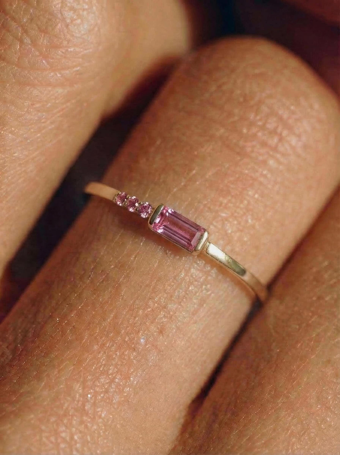 Minimalist Pink Tourmaline Ring | Baguette Cut Stackable Band | October Birthstone Dainty Jewelry Gift