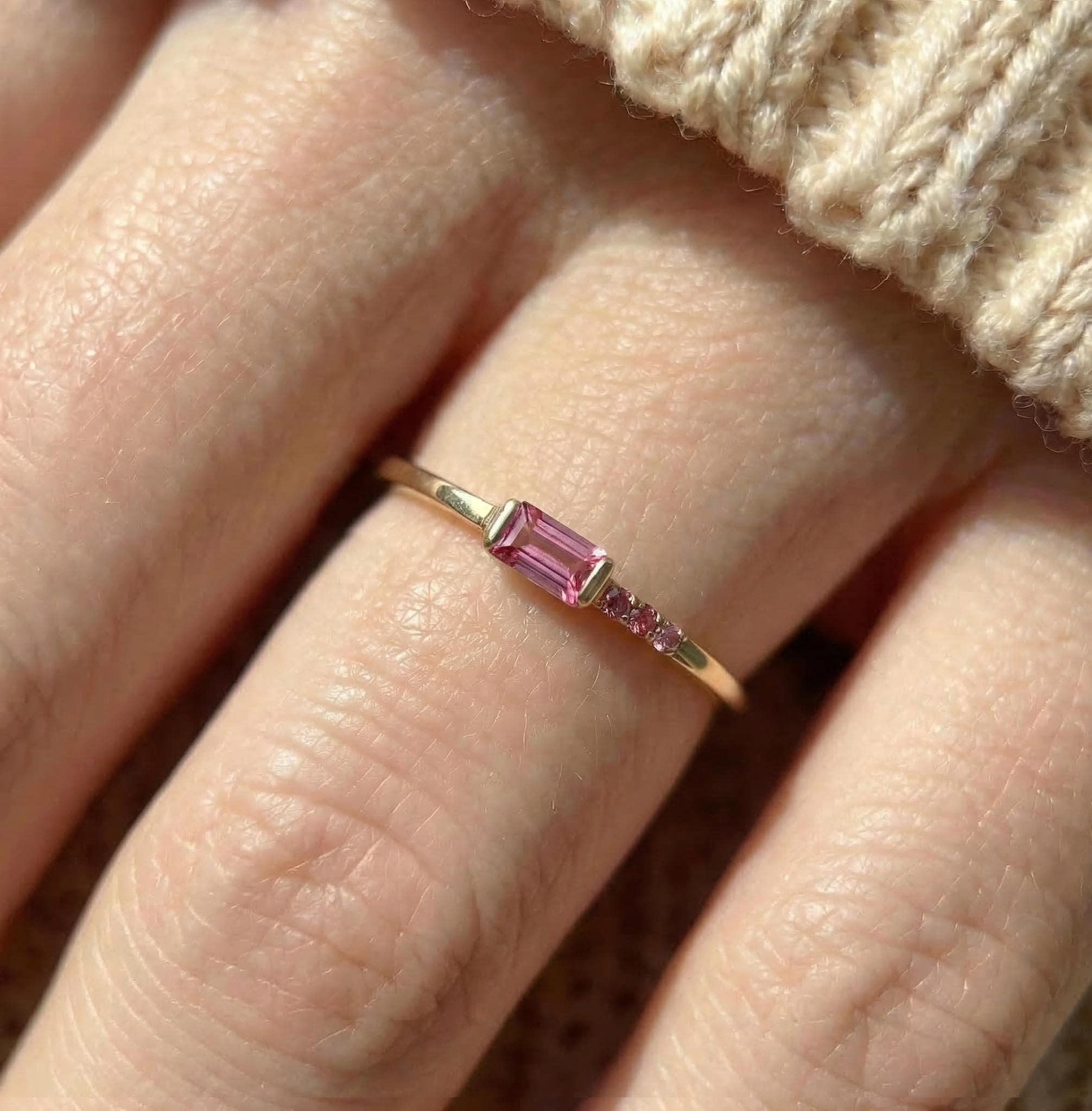 Minimalist Pink Tourmaline Ring | Baguette Cut Stackable Band | October Birthstone Dainty Jewelry Gift
