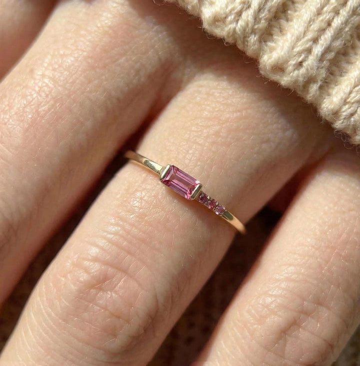 Minimalist Pink Tourmaline Ring | Baguette Cut Stackable Band | October Birthstone Dainty Jewelry Gift
