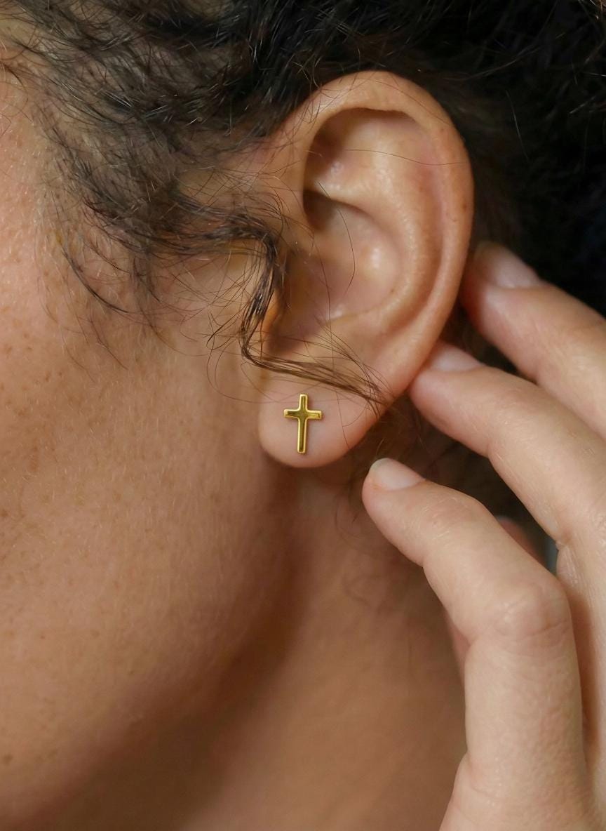 Elegant Minimalist Gold Cross Stud Earrings | 18K Christian Jewelry for Women | Religious Easter Gift Idea