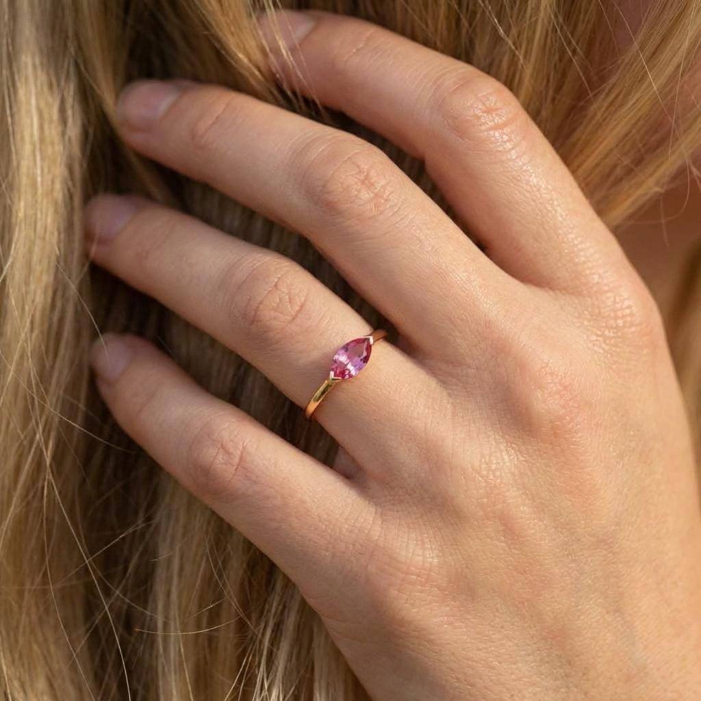 Dainty 1.0ct Morganite Ring | East West Marquise Solitaire in 14K Gold | Modern Engagement & Promise Ring