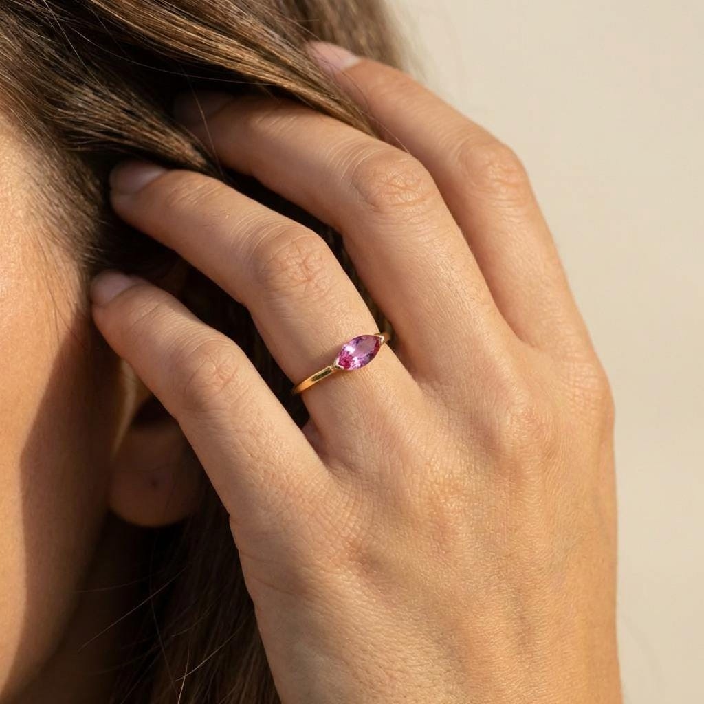 Dainty 1.0ct Morganite Ring | East West Marquise Solitaire in 14K Gold | Modern Engagement & Promise Ring