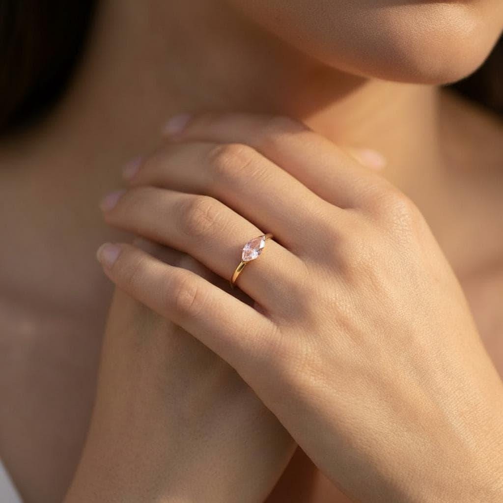 Dainty 1.0ct Morganite Ring | East West Marquise Solitaire in 14K Gold | Modern Engagement & Promise Ring