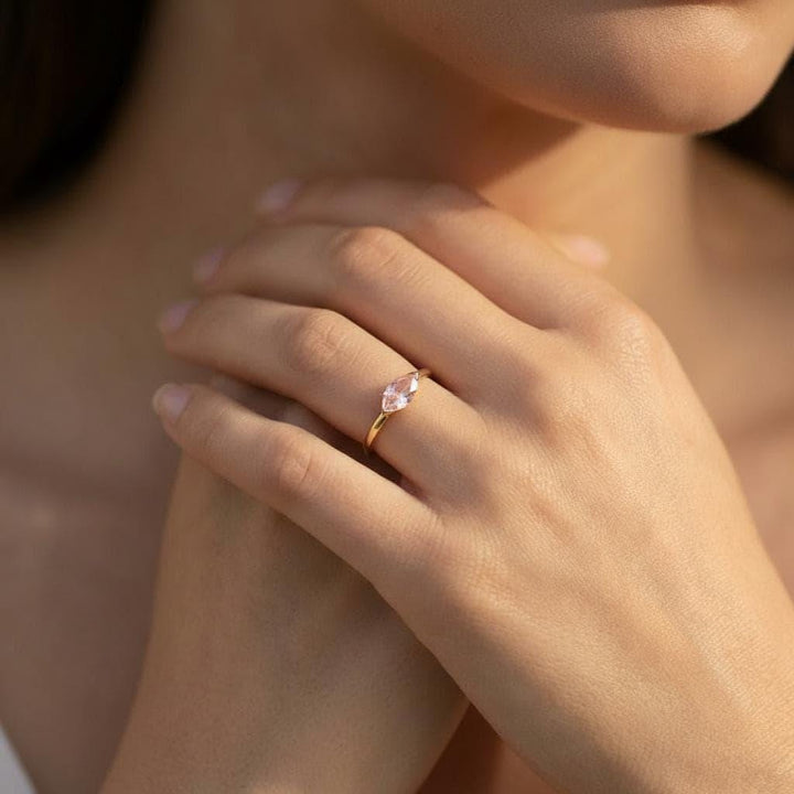 Dainty 1.0ct Morganite Ring | East West Marquise Solitaire in 14K Gold | Modern Engagement & Promise Ring