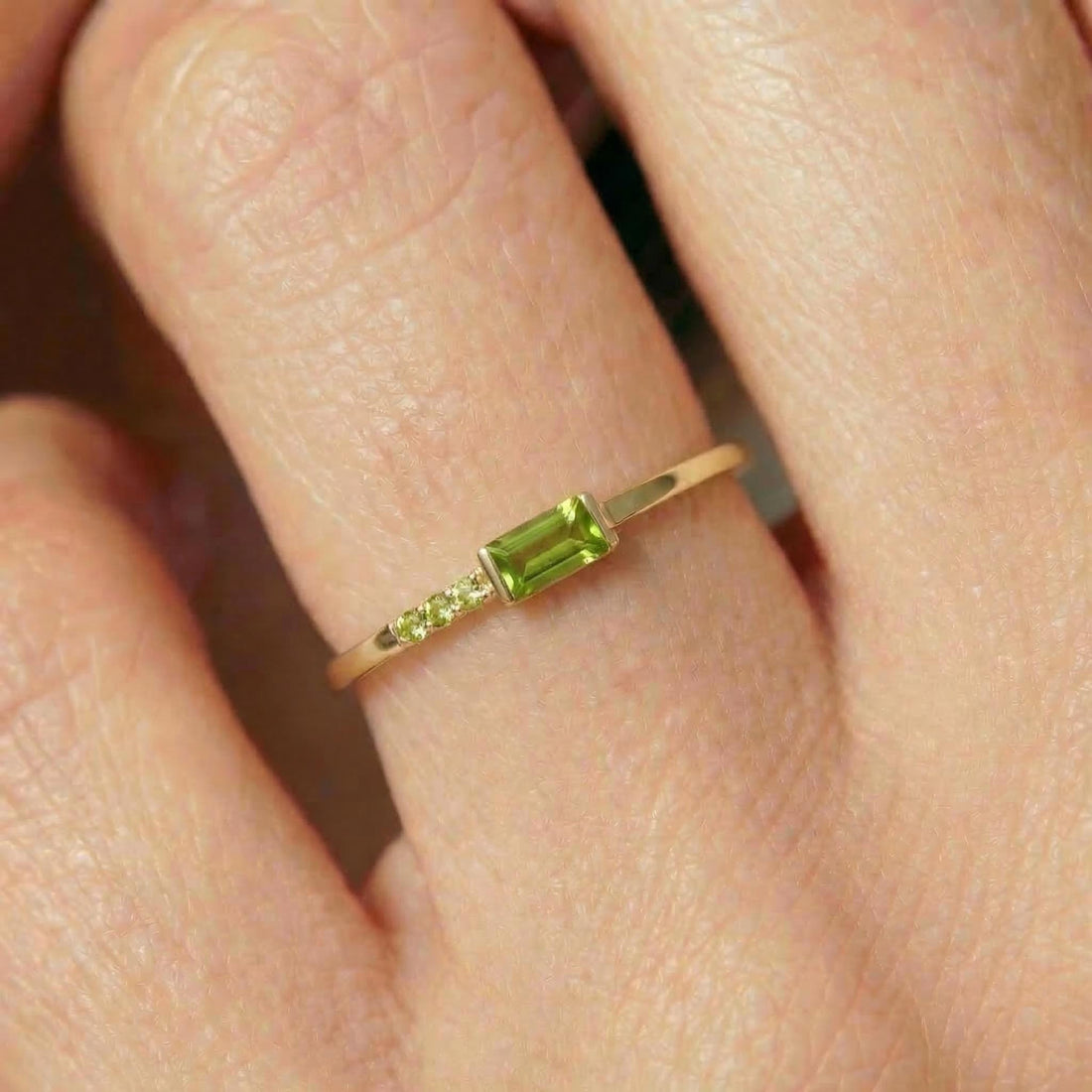 Dainty Baguette Peridot Ring | August Birthstone Minimalist Ring | Personalized Jewelry Gift for Mom or Wife