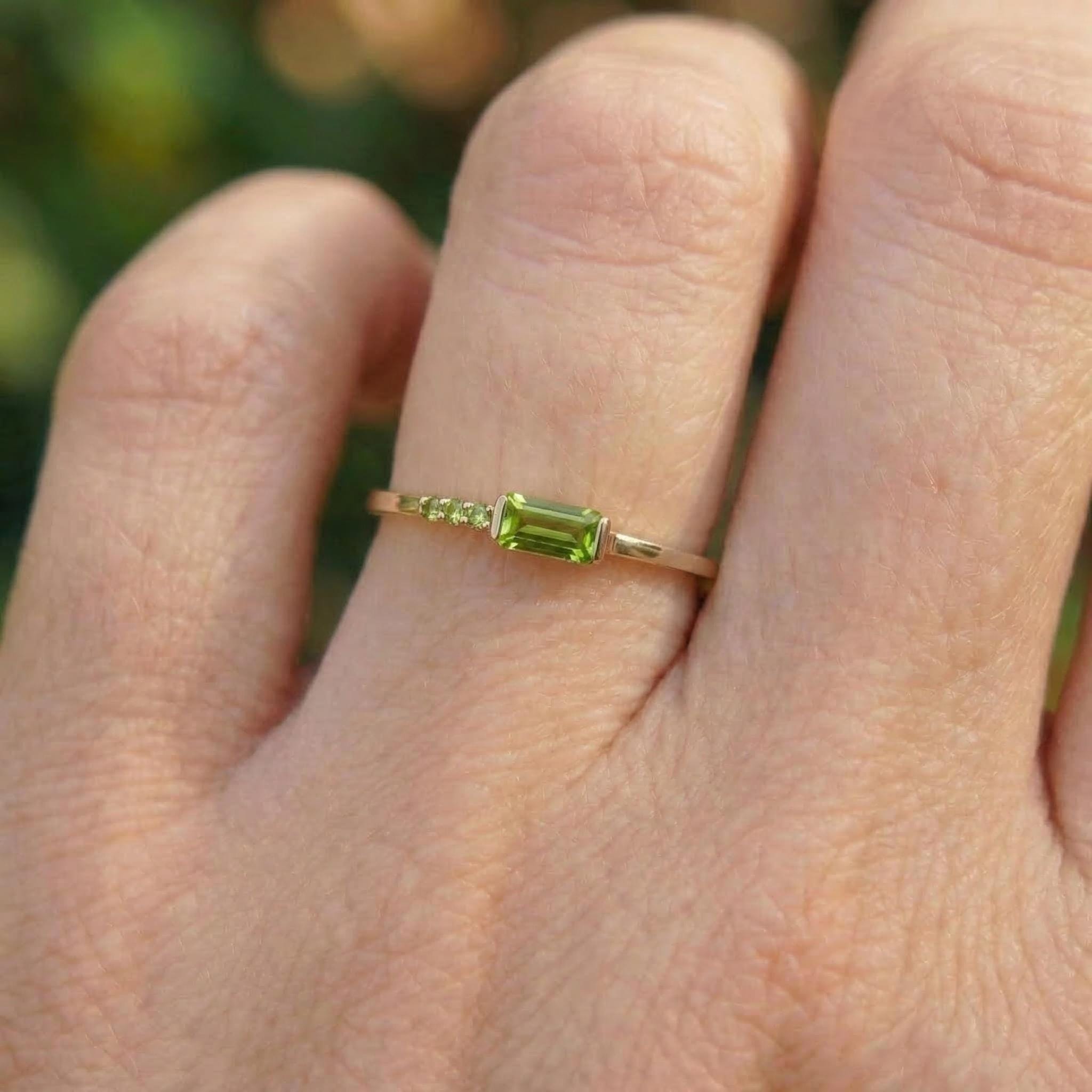 Dainty Baguette Peridot Ring | August Birthstone Minimalist Ring | Personalized Jewelry Gift for Mom or Wife