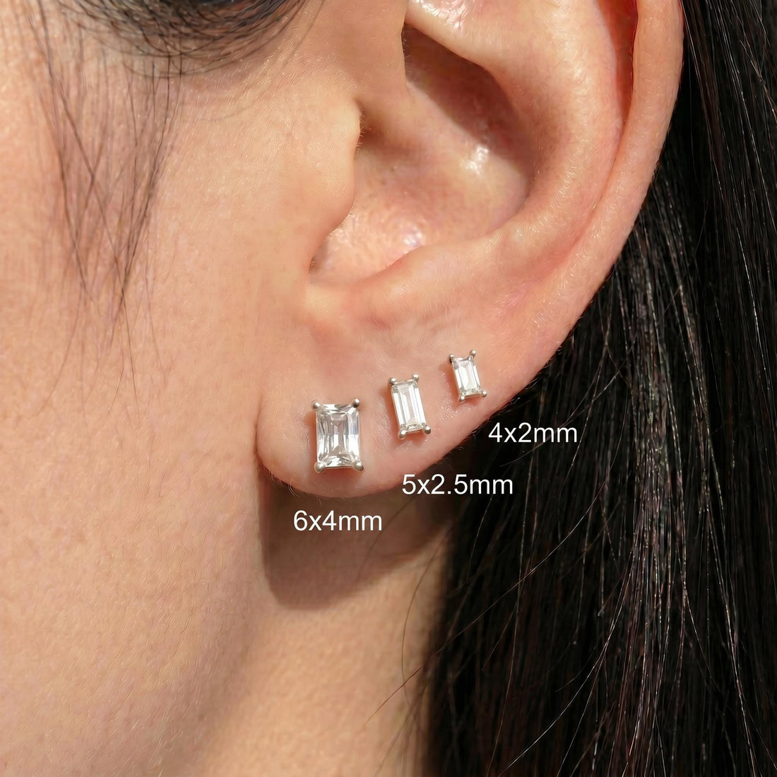 Emerald Cut Stud Earrings, Dainty Solitaire Diamond Simulant, Minimalist Sterling Silver Everyday Bridal Earrings, Gift for Her