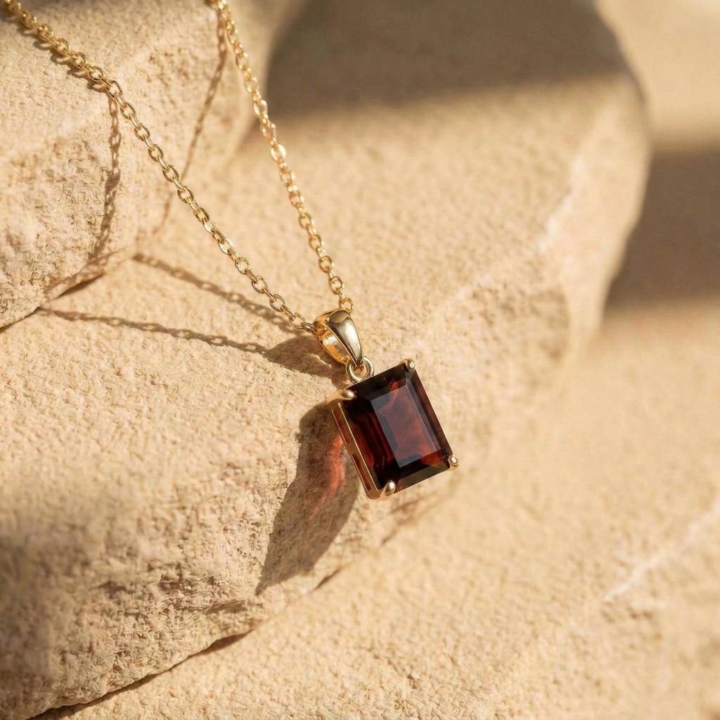 Rectangle Garnet Pendant Necklace | Dainty Gold January Birthstone Jewelry | Elegant Deep Red Gemstone Gift for Her