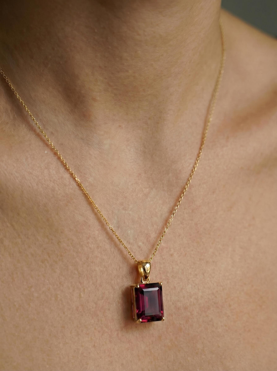Rectangle Garnet Pendant Necklace | Dainty Gold January Birthstone Jewelry | Elegant Deep Red Gemstone Gift for Her