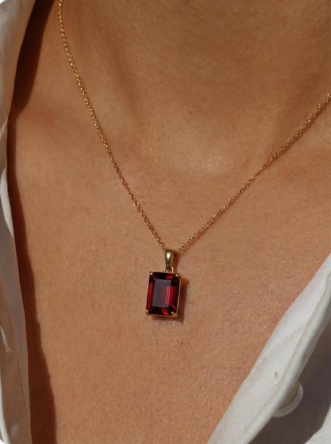 Rectangle Garnet Pendant Necklace | Dainty Gold January Birthstone Jewelry | Elegant Deep Red Gemstone Gift for Her