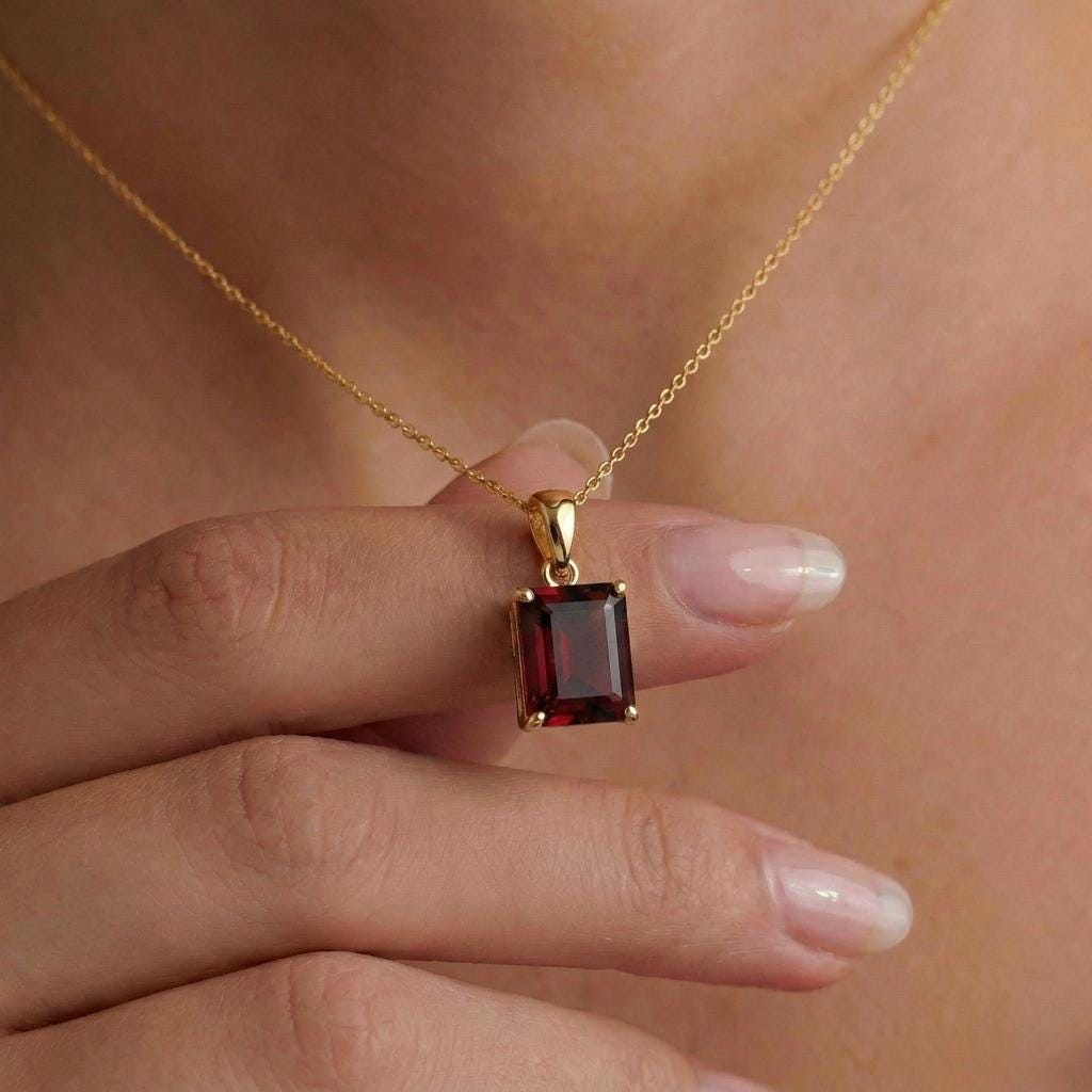 Rectangle Garnet Pendant Necklace | Dainty Gold January Birthstone Jewelry | Elegant Deep Red Gemstone Gift for Her