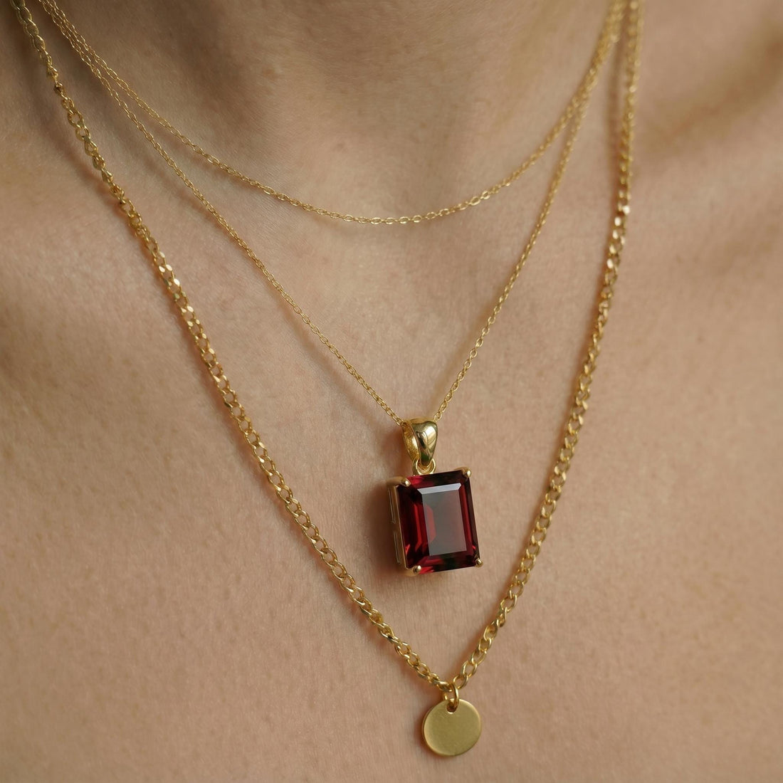 Rectangle Garnet Pendant Necklace | Dainty Gold January Birthstone Jewelry | Elegant Deep Red Gemstone Gift for Her