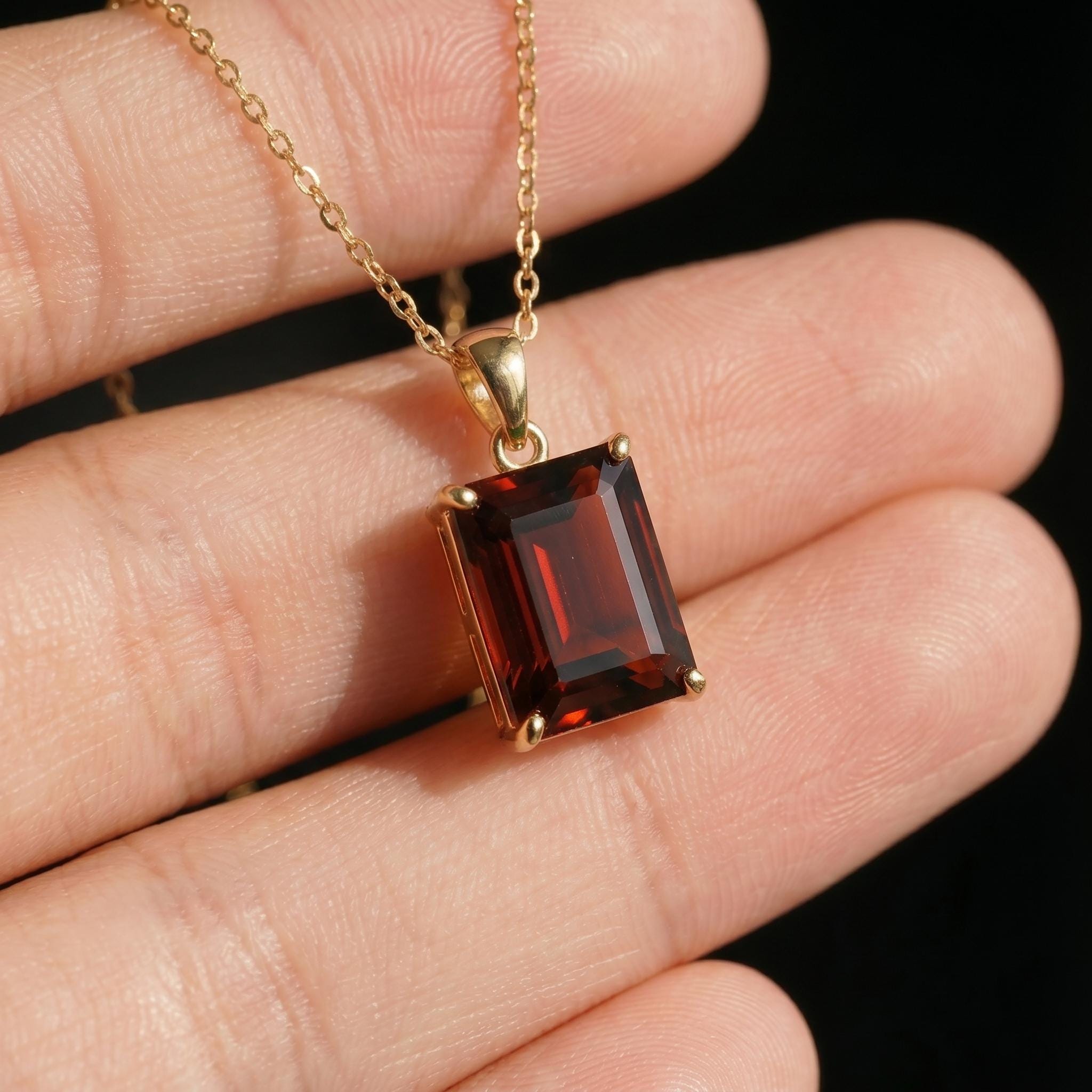 Rectangle Garnet Pendant Necklace | Dainty Gold January Birthstone Jewelry | Elegant Deep Red Gemstone Gift for Her