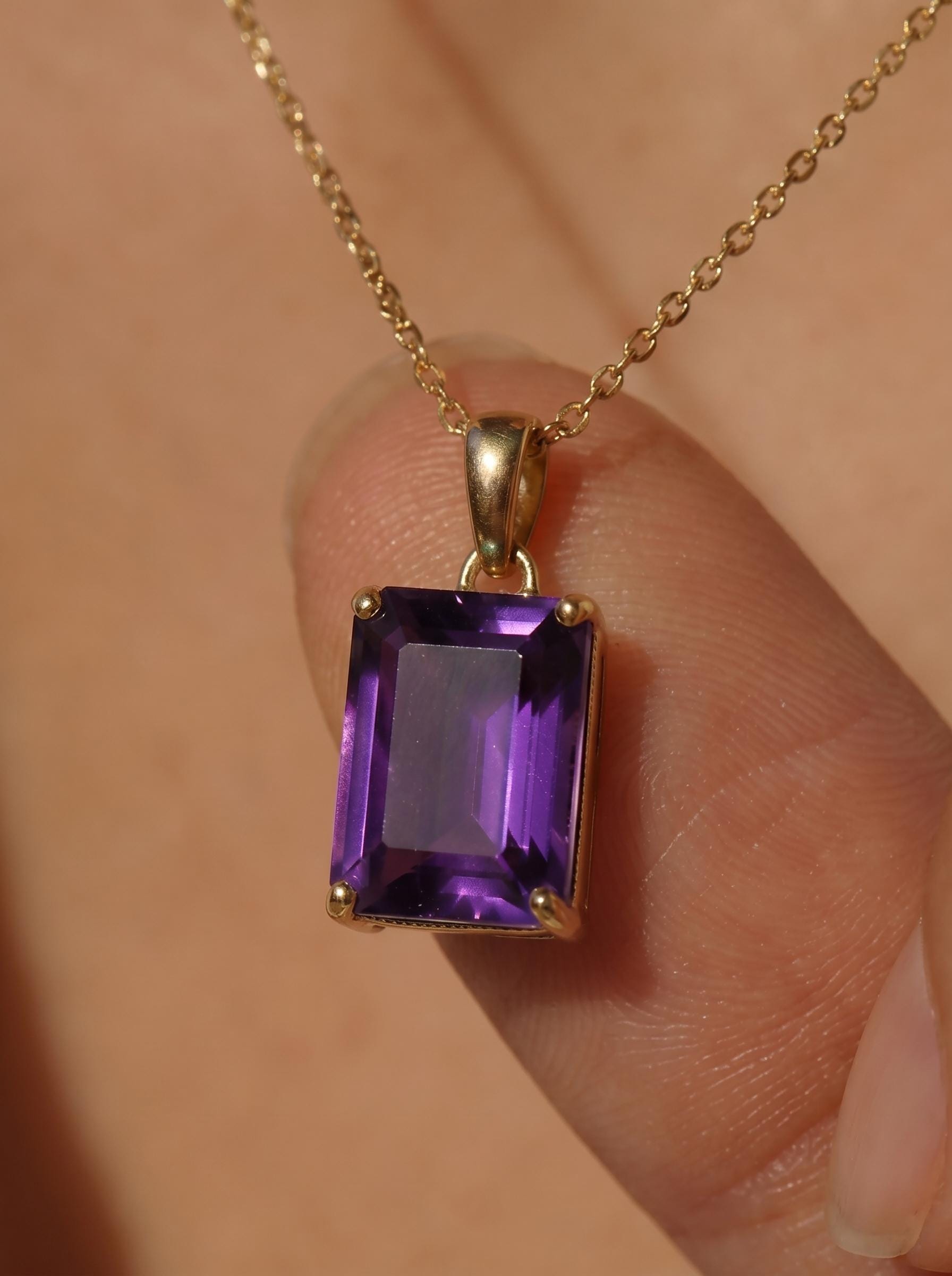 Elegant Amethyst Gold Necklace, Rectangular Purple Gemstone Pendant, 14K Gold February Birthstone Jewelry Gift for Her, Dainty Everyday Fine