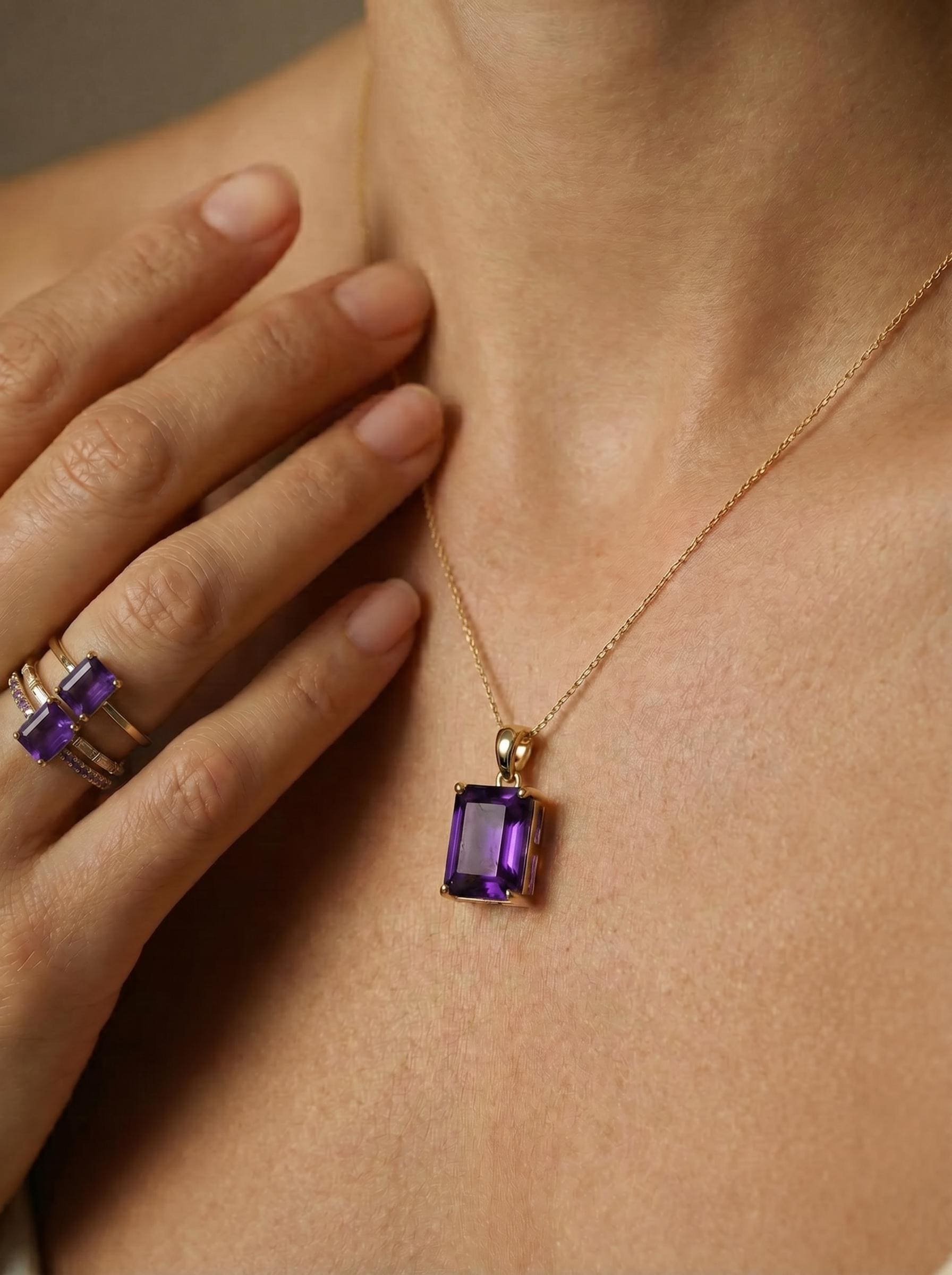 Elegant Amethyst Gold Necklace, Rectangular Purple Gemstone Pendant, 14K Gold February Birthstone Jewelry Gift for Her, Dainty Everyday Fine