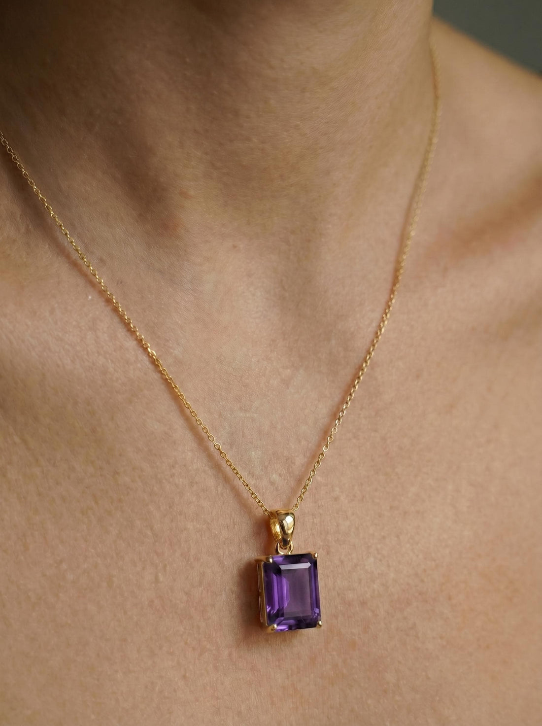 Elegant Amethyst Gold Necklace, Rectangular Purple Gemstone Pendant, 14K Gold February Birthstone Jewelry Gift for Her, Dainty Everyday Fine