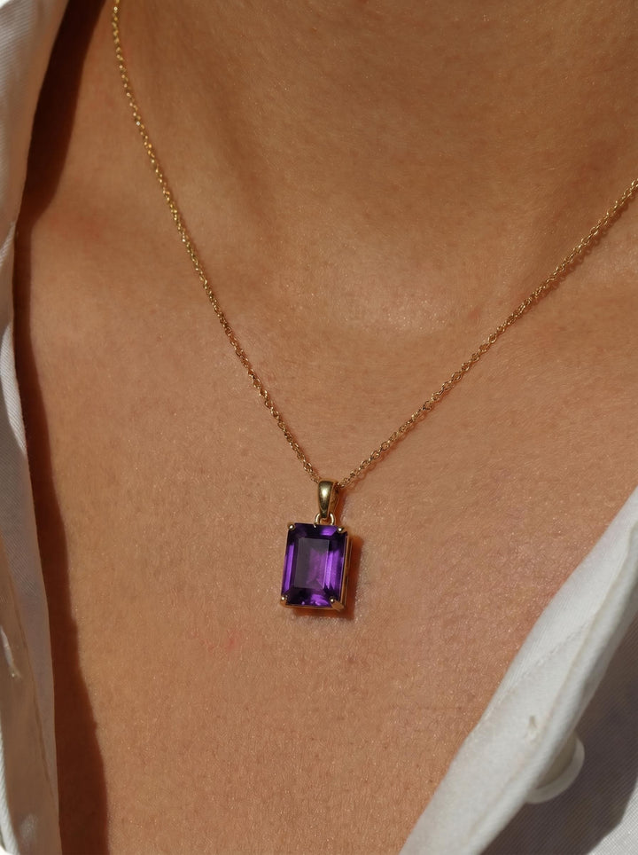 Elegant Amethyst Gold Necklace, Rectangular Purple Gemstone Pendant, 14K Gold February Birthstone Jewelry Gift for Her, Dainty Everyday Fine