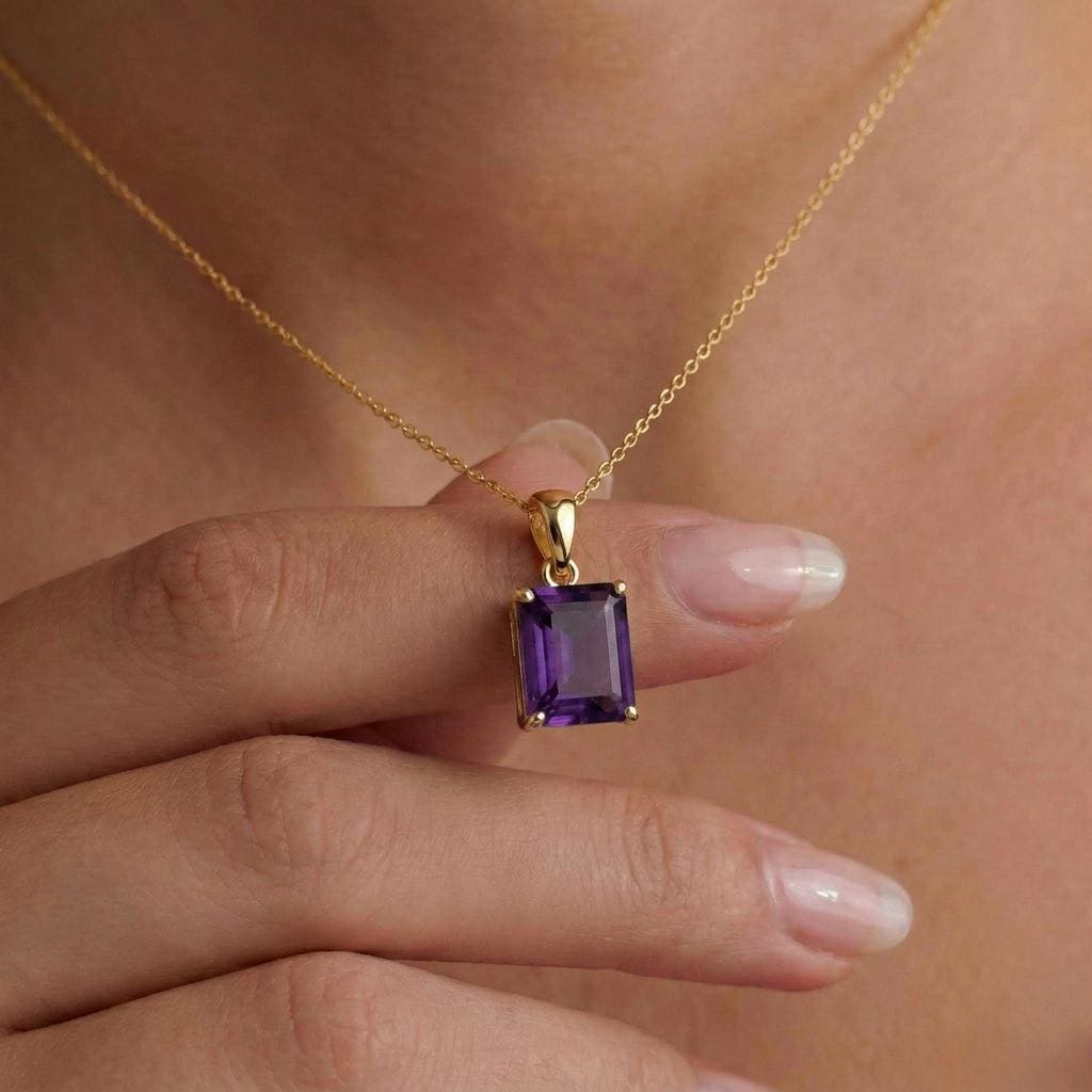 Elegant Amethyst Gold Necklace, Rectangular Purple Gemstone Pendant, 14K Gold February Birthstone Jewelry Gift for Her, Dainty Everyday Fine