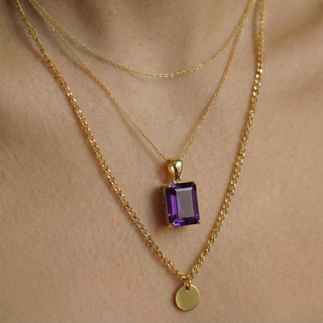 Elegant Amethyst Gold Necklace, Rectangular Purple Gemstone Pendant, 14K Gold February Birthstone Jewelry Gift for Her, Dainty Everyday Fine