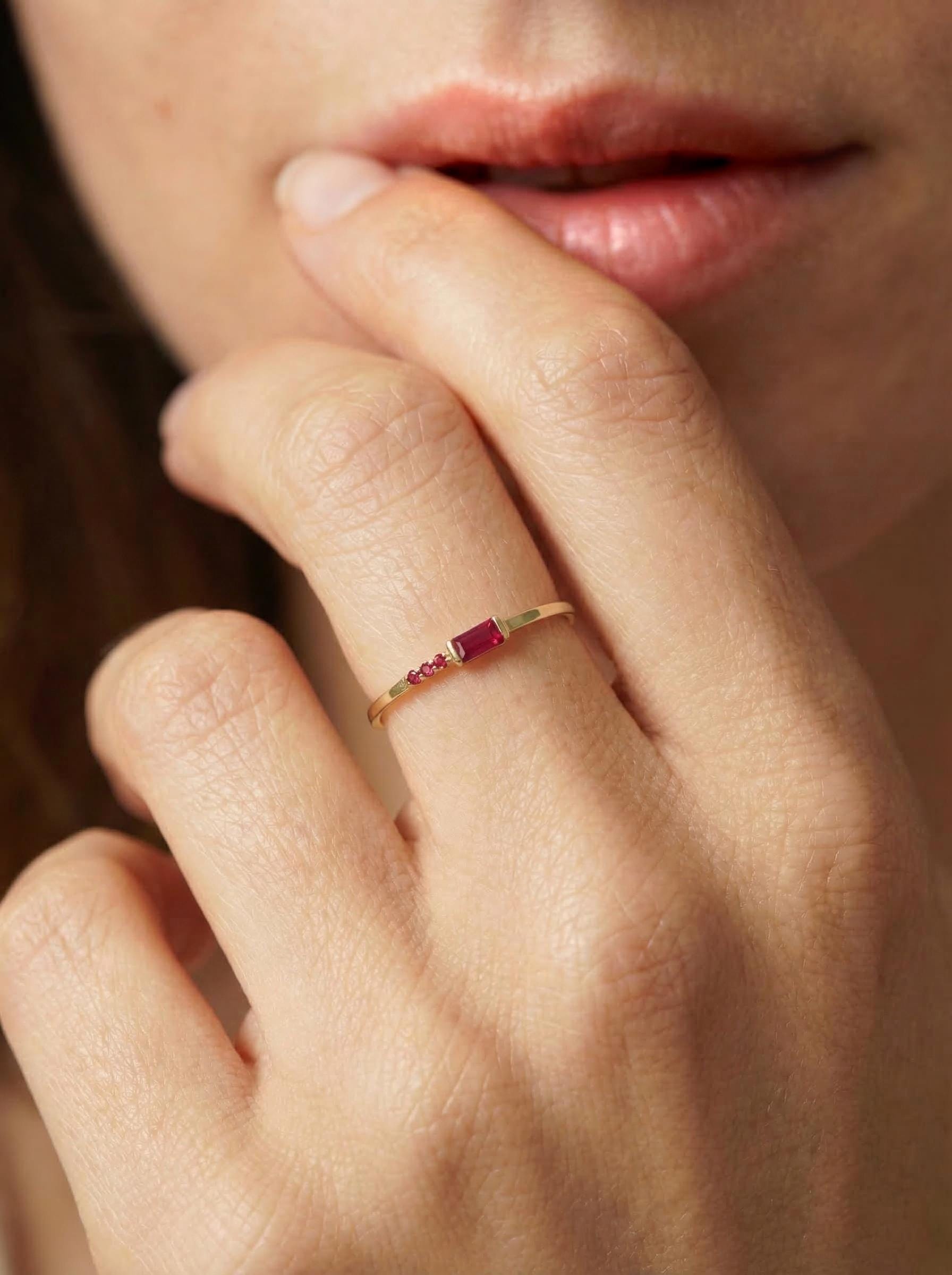 Baguette Ruby Ring | Dainty Minimalist July Birthstone Jewelry | Personalized Gift for Her | Mother’s Day Ring